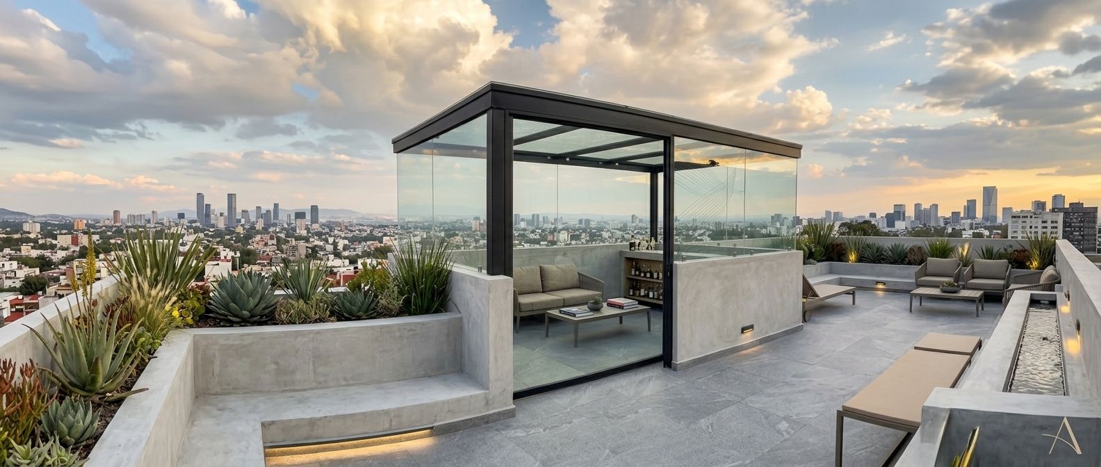 Pérgola de aluminio y vidrio templado instalada en una azotea con vista a la ciudad